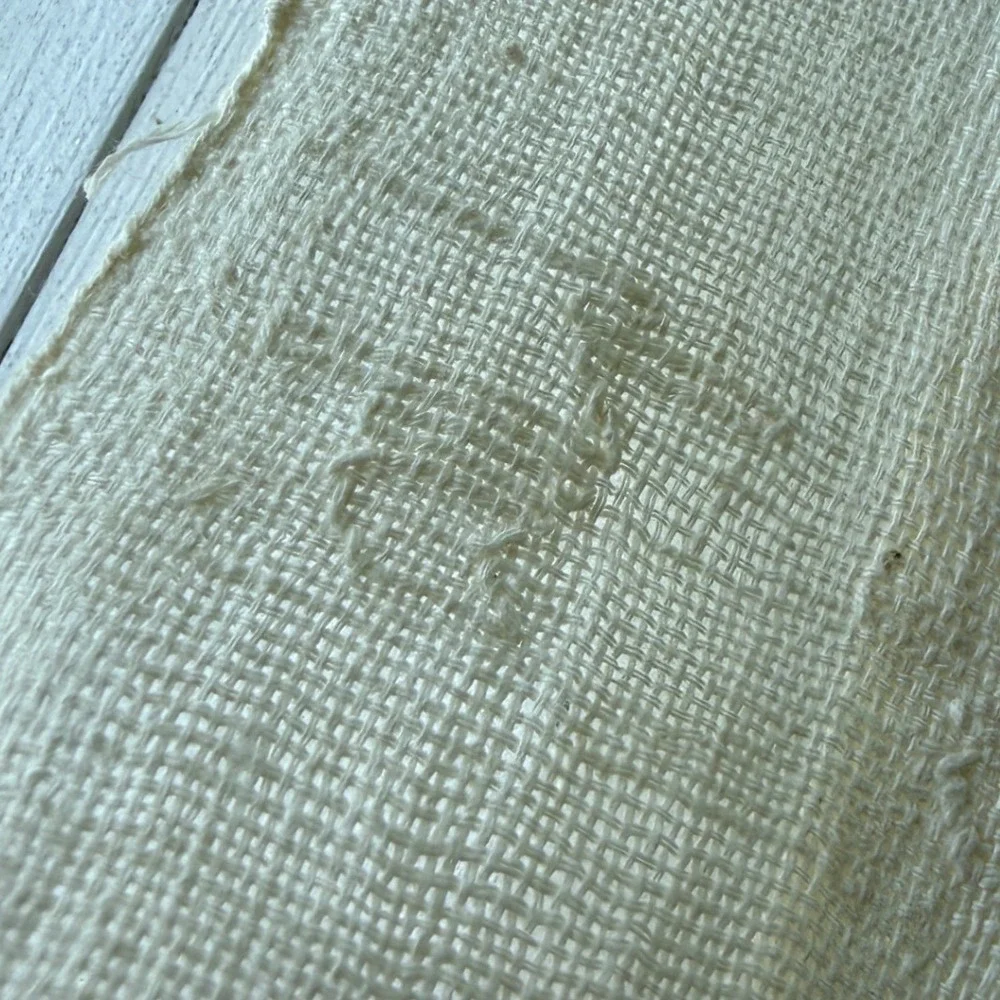 Vintage Handwoven Linen Textile Table Runner Cream White Fringe Frayed Edge 42in